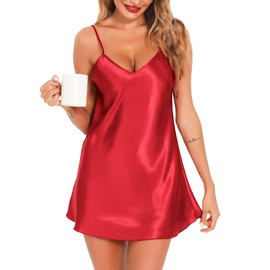 Lovasy Satin Nightdress Women's Negligee Sexy Black Short Chemise Spaghetti Straps Babydoll V Neck Sleepwear Sleepwear Underdress Night Dress, Y-red