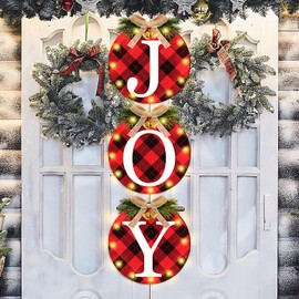 Blosssound 3 Pcs Christmas Joy Door Sign Lighted Buffalo Plaid Wreath for Front Door Decoration Wooden Glitter Hanging Door Plaque with LED Lights for Xmas Door Wall Indoor Outdoor