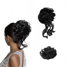 Black Messy Bun Hair Clips with Hair Attached Curly Ponytail Extension Easy Updo Hair Piece for Ladies