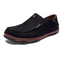 OLUKAI Moloa Men's Premium Leather Shoes, Easy Slip On & Off Design, Casual & Versatile Loafer, Drop-in Heel & Enhanced Traction, Black/Toffee, 9