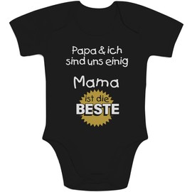 Baby Short-Sleeved Bodysuit, “Papa & ich sind uns einig Mama ist die Beste”, Gift for Mum - Black