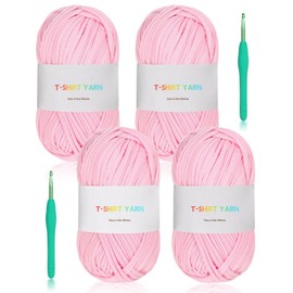Reessy 4 ×100g T Shirt Yarn for Crocheting, 130 Yards T Shirt Yarn Set with 2 Crochet Hooks, Elastic Fabric Cloth for Crochet Bag, Basket, Cushion-Super Easy for Beginners to Learn Crochet(Pink)