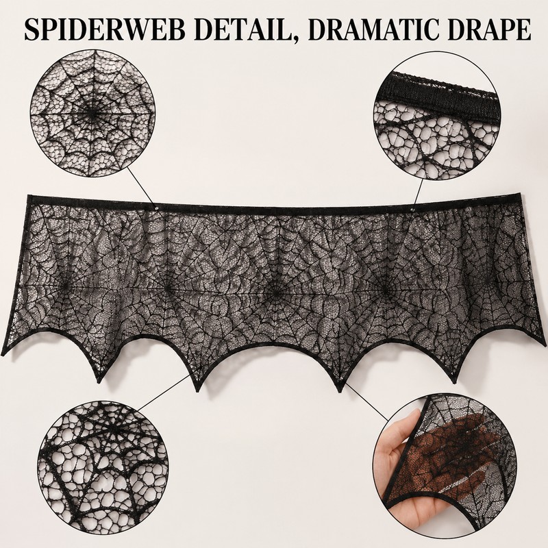 Halloween Black Lace Spiderweb Mantel Scarf - 18x96 Inch Fireplace