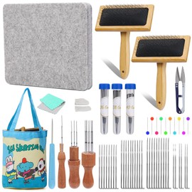 SOCNITC Needle Felting Kit Tools, 10"x 8" Felting Pad,Wooden Wool Carders, 34 Pcs Felting Needles, Felt Kit Supplies Include Storage Bag for Beginners DIY Wool Craft