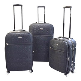 Karriage-Mate 3-Piece Softside Luggage Set with Spinner Wheels, Expandable, Lightweight, Destinations Embossed Design, (3, B)