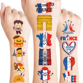 96 PCS French Paris France Flag Pre-Cut Temporary Tattoos for Kids | Super Cute French Themed Birthday Party Favors, Supplies, Decorations, Fake Tattoo Stickers, School Rewards Gifts for Boys & Girls