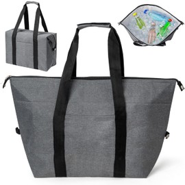GQIRIL Large Insulated Cooler Bag - 30L Foldable Grocery Cooler Tote with Zipper, PEVA Waterproof Collapsible Tote Bags, Leakproof Thermal Food Accessories for Beach Travel Picnic Shopping (Grey)