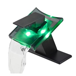 Bathroom Faucet Black Led Light 3 Color Changing Waterfall Glass Spout RGB Battery Power Lavatory Vanity Sink Faucet Single Handle One Hole Deck Mount Modern Designer Bath Basin Tap