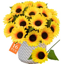 16 Pcs Sunflowers Artificial Flower with Stems Fake Silk Sunflower Faux Floral Bouquet Arrangement for Vase Wedding Party Tables Centerpieces Home kitchen Porch Indoor Outdoors Garden Wreath DIY Decor