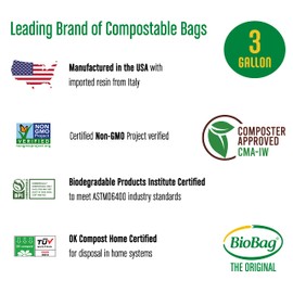3 Gallon Compostable Food Scrap Bags by BioBag, 100 Count, BPI Certified, Meets ASTM D6400 Standards, Made in USA, Kitchen Trash Bin Liners