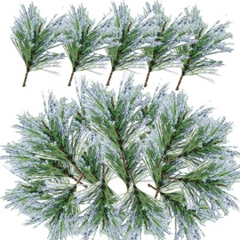 fypuda 40PCS Artificial Snow Pine Needles Branches Small Twigs Stems Picks for Christmas Garland Wreath Embellishing and Home Holiday Garden Decoration