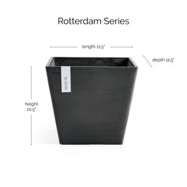 Ecopots Rotterdam Durable Modern Square Indoor/Outdoor Recycled-Based Composite Flower Planter, Dark Grey, 12"