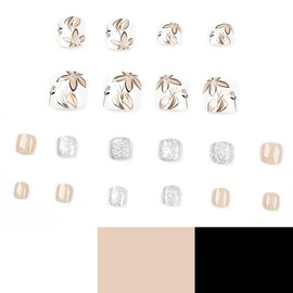 Vezocim Press on Toenails with Brown Flower Designs, 24Pcs Artificial Brown Fake Nails for Toe, Glossy Full Cover Square Acrylic False Toenails, Glue ons Toenails with Charm for Women