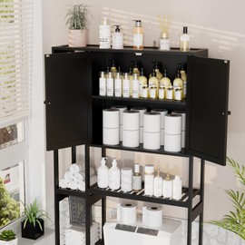 Wisuce Home Bamboo Over The Toilet Storage, Above Toilet Organizer Storage Shelf Stand, Tall Freestanding Behind Toilet Rack Towel, Tiered Bathroom Space Saver Shelving, Easy Assembly (Black)