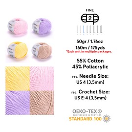 HobbyMia 4 Balls Different Color Cotton Yarn Pack & 10pcs Stitch Markers Soft Yarn for Knitting & Crochet - 4X (50gr / 175yds) - (2) Sport, Fine Weight Baby Yarn for Amigurumi (H12 - Pastel-4)