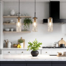 Kenroy Home Caulford Collection Ribbed Glass 3-Light Black Metal Island Pendant for Kitchen or Dining Room