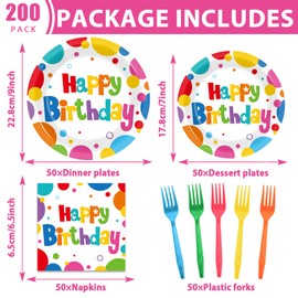 QOUBAI 200Pcs Birthday Party Decorations Rainbow Birthday Tableware Set Colorful Birthday Disposable Paper Plates Fork And Napkins Birthday Party Supplies Includes For Girls/Boys, Serves 50