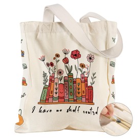 Miss Adola Large Canvas Tote Bag for Women - with Zipper and Inner Pocket Aesthetic Cute Shoulder Bag Reusable Grocery Shopping Bags Cotton Tote Bag for Gym Daily Travel, Flower Book Text