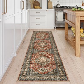 Lahome Oriental Hallway Runner Rug Non Slip, 2.5x8 Kitchen Washable Runner Soft Hallway Rug, Traditional Ultra-Thin Carpet for Bathroom Entryway ‎Laundry Room, Brick Red