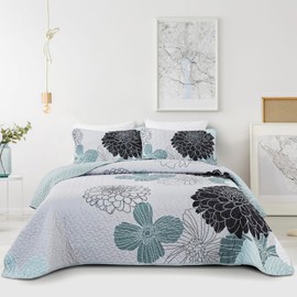 3 Pieces Floral Quilt King Size - Elegant Grayish Blue Reversible Bedspread Bedding Set with 2 Pillowcases, Soft Lightweight Flowers Pattern Quilted Coverlet Set (104"x 90", Dusty Blue)