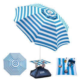 OutdoorMaster Beach Umbrellas with Sandbag & Anchor with 4 Cup Holder, 6.5ft Adjustable Umbrella for Beach Heavy Duty Wind, Portable UPF50+ Sunshade with Carry Bag for Patio,Blue with Cup Holder