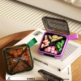 1 Pack Purple Pill Organizer with Strap, 4 Compartments, Compact Travel Pill Box Case, Portable and Moistureproof to Store Vitamins, Medication and Supplements