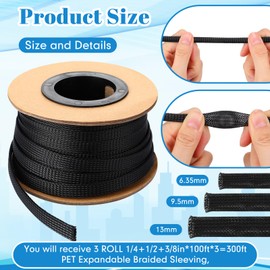 Pangda 300 Feet 1/4, 1/2, 3/8 Inches Wire Loom PET Expandable Braided Sleeving Braided Sleeve for TV, Computer, Home Theater(Black)