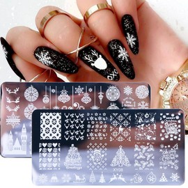 5pcs Christmas Nail Stamping Plates, Snowflake Santa Claus Christmas Tree Stocking Nail Art Stamping Template with Stamper, DIY Manicuring Print Image Nail Stamp Plate DIY Printing Tools