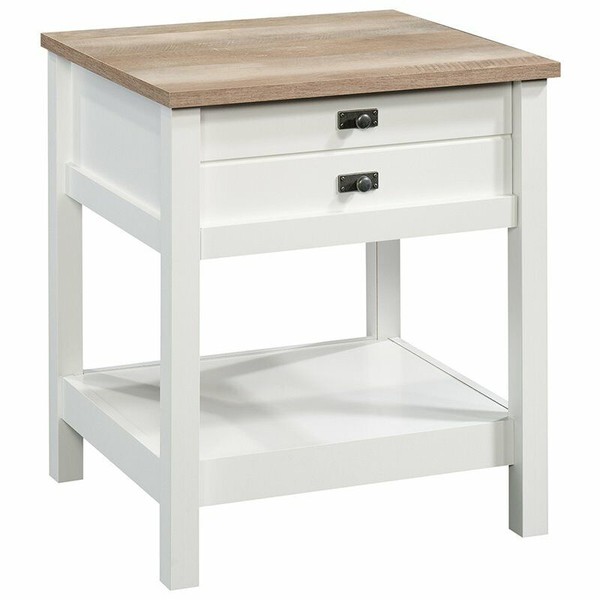 Sauder Cottage Road 1 Drawer Nightstand in Soft White and Lintel Oak
