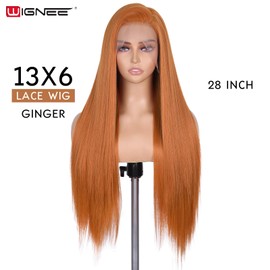 WIGNEE 13x6 Synthetic Lace Front Wig Pre-Plucked Synthetic Long Straight Wig 28" Voluminous Ginger Lace Front Wigs with Kanekalon Futura Hair