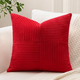 OTOSTAR Set of 1 Decorative Throw Pillow Cover Soft Corduroy Solid Square Pillow Cases Farmhouse Boho Striped Cross Patchwork Textured Cushion Cover for Sofa Car Bed Living Room 20x20 Inch, Red