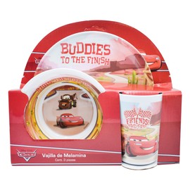 Fun Kids Vajilla Infantil de Melamina, Varios Personajes de 3 Piezas, Plato, Tazón y Vaso (Cars)