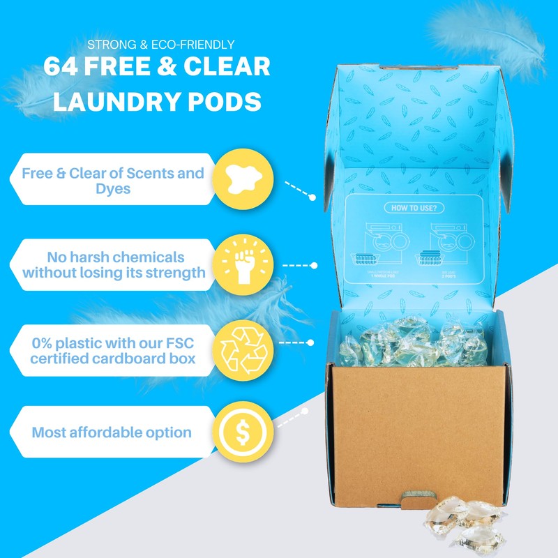Laundry Detergent Pods Free & Clear, Unscented, 64 Count, Eco