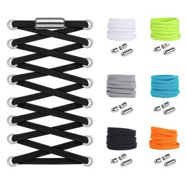 Widamin 6 Pairs of Flat Elastic Shoelaces with Metal Capsule, Lazy Shoelaces Without Tying Quick Lacing System Shoelaces Set for Runners, Children and the Elderly, 0.6 x 105 cm, Black, white, grey,