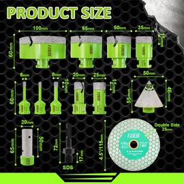 FACHLICH Tile Hole Saw Kit Diamond - (6/6/8/20/25/35/50/65/100mm Drill Bits+Finger Bit+Chamfer Bit+Adapter+Tile Blade) Diamond Hole Saw Kit for Porcelain Ceramic Marble Brick Granite,5/8"-11 Thread