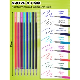 GutSache 12 x Erasable Refills Compatible with Legami, 8 Colours, Height 13 cm, Tip 0.7 mm, Thermosensitive Ink, School / Office Supplies, Easy to Erase, Gel Pen Refill Erasable