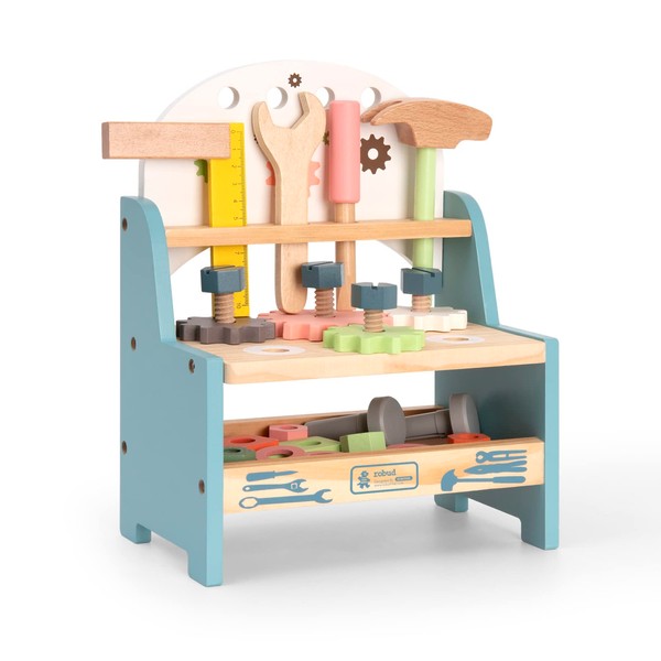 ROBUD Mini Wooden Play Tool Workbench Set for Kids Toddlers - Construction Toys Gift for 18 Months 2 3 4 5 Years Old Boys Girls