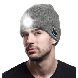 CENSGO Bluetooth Beanie with The Light, Unique Tech Gifts for Men Husband Him Teen, Wireless Headphones for Fishing Jogging Working, Christmas Stocking Grey