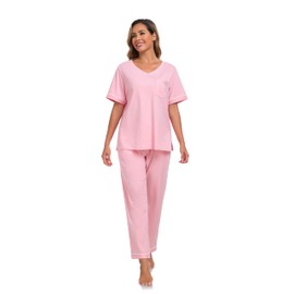 COLORFULLEAF 100% Cotton Pajamas for Women V Neck Short Sleeve Nightwear Long Pajama Pants Sleepwear with Elastic Waistband Pockets 2 Piece Loungewear Set(Pink,XL)