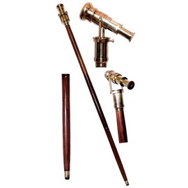 Victorian Walking Cane with Telescope Brass Handle Foldable Nautical Wooden Vintage Walking Stick Ideal Unisex