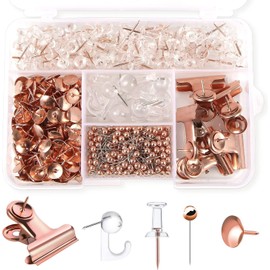 SKYART 465 Piezas Juego de Chinchetas Transparentes, Chinchetas Metal y Plástico Chinchetas Clips Alfileres de Empuje para Tablero de Corcho Pared 5 Estilos Suministros de Oficina (Oro Rosa)