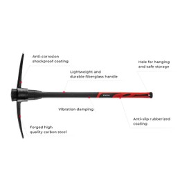 INTERTOOL Pick Axe for Digging - 36” Heavy Duty Garden Mattock Pickaxe - Rust Resistant Steel with Adze Hoe & Shock Absorbing Fiberglass Anti-Slip Handle - Cultivate, Loosen Soil, Dig - HT08-0305