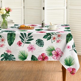Horaldaily Summer Tablecloth 60×84 Inch Rectangular, Tropical Flowers Monstera White Washable Seasonal Table Cover for Party Picnic Dinner Decor