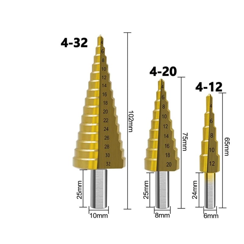 6Pcs Titanium Coated Drill Bit Set,Included 3 Sizes of Step