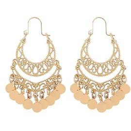 Bohemian Chandelier Coin Dangle Earrings - Gypsy Lightweight Filigree Disc Charm Tassel Ethnic Hoops Earings-GOLD