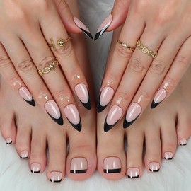 48 Pcs French Tip Press On Nails Almond & Short Square Press On Toenails Set Glossy Nature Black Fake Nails Tips Glue on Nails Full Cover Medium Acrylic Nail Kit False Toe Nails Nails Decoration