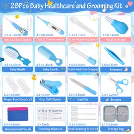 28Pcs Baby Healthcare and Grooming Kit modacraft Baby Safety Set with Hair Brush Lighting Ear Cleaner Nail Clippers Scale Measuring Spoon for Nursery Newborn Baby Girls Boys Kids Blue