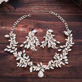Aukmla Crystal Bridal Jewelry Set Rhinestones Wedding Necklaces Earrings Sets Pearl Prom Costume Jewelry for Women and Brides (Silver)