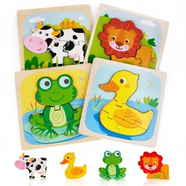 Honosen 4 Pcs Wooden Puzzles Animals for Baby Kids, Cute Animal Wooden Jigsaw Puzzles for 1-3 Year Old Boys Girls, Baby Preschool Learning Educational Toy for Birthday Gift
