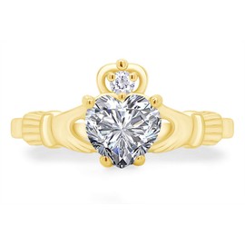Jewel Zone US Heart & Round Cut White Cubic Zirconia Claddagh Ring In 14k Yellow Gold Over Sterling Silver Jewelry Gift For Her Ring Size-5.5